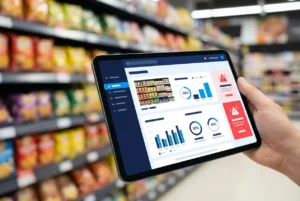Mercaderista usando MarketApp de MobilityApps para auditar ejecución en anaquel de supermercado